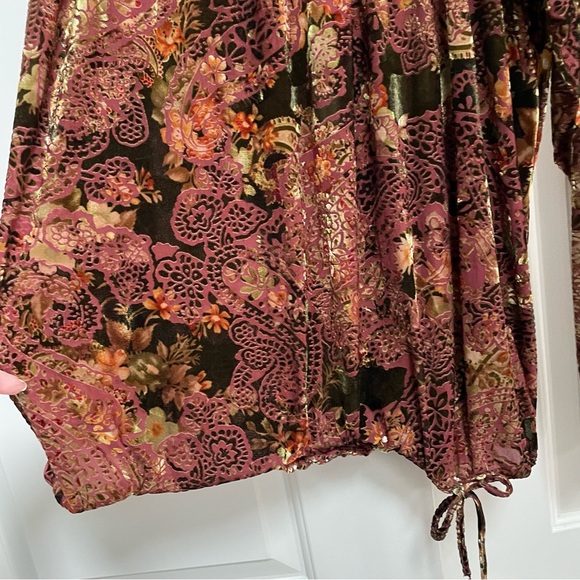 Chico’s Vintage Burnout Metallic Velvet Elastic Waist Wrist Tie Blouson Top - Picture 4 of 9